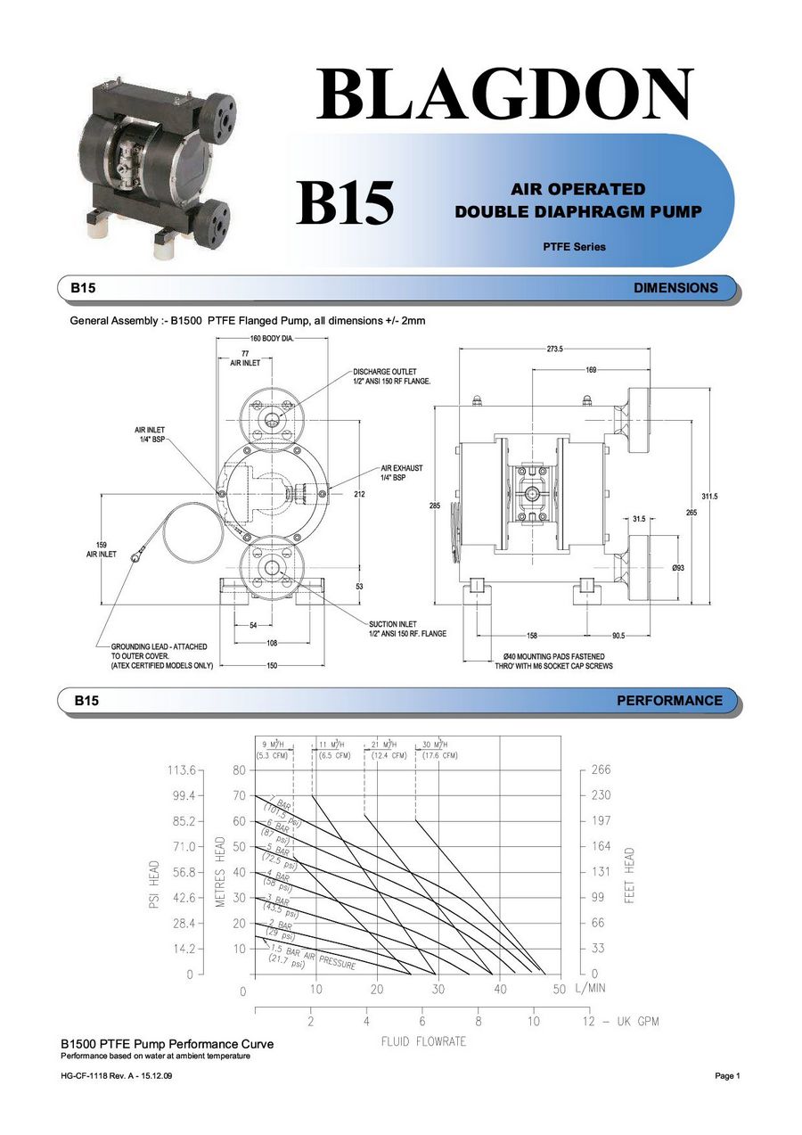 Диафрагменный насос Blagdon B15 в исполнении из PTFE На изображении описание товара от производителя, включая производительность, рабочий диапазон подачи и прочие тех. характеристики. Лист 1.
